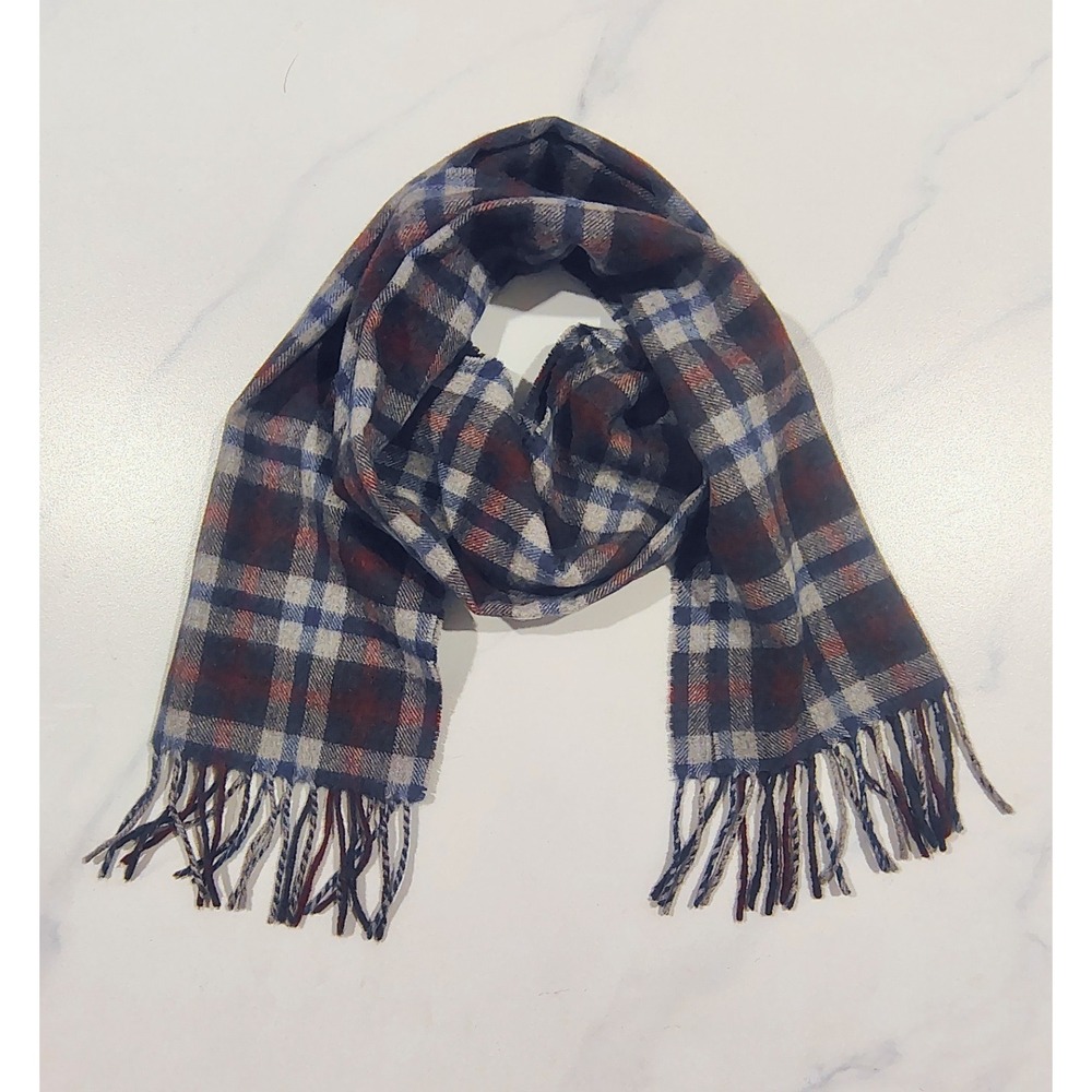 Brooks Brothers Made in Italy Blue Red Tattersall Plaid Baby Camel Hair Scarf
